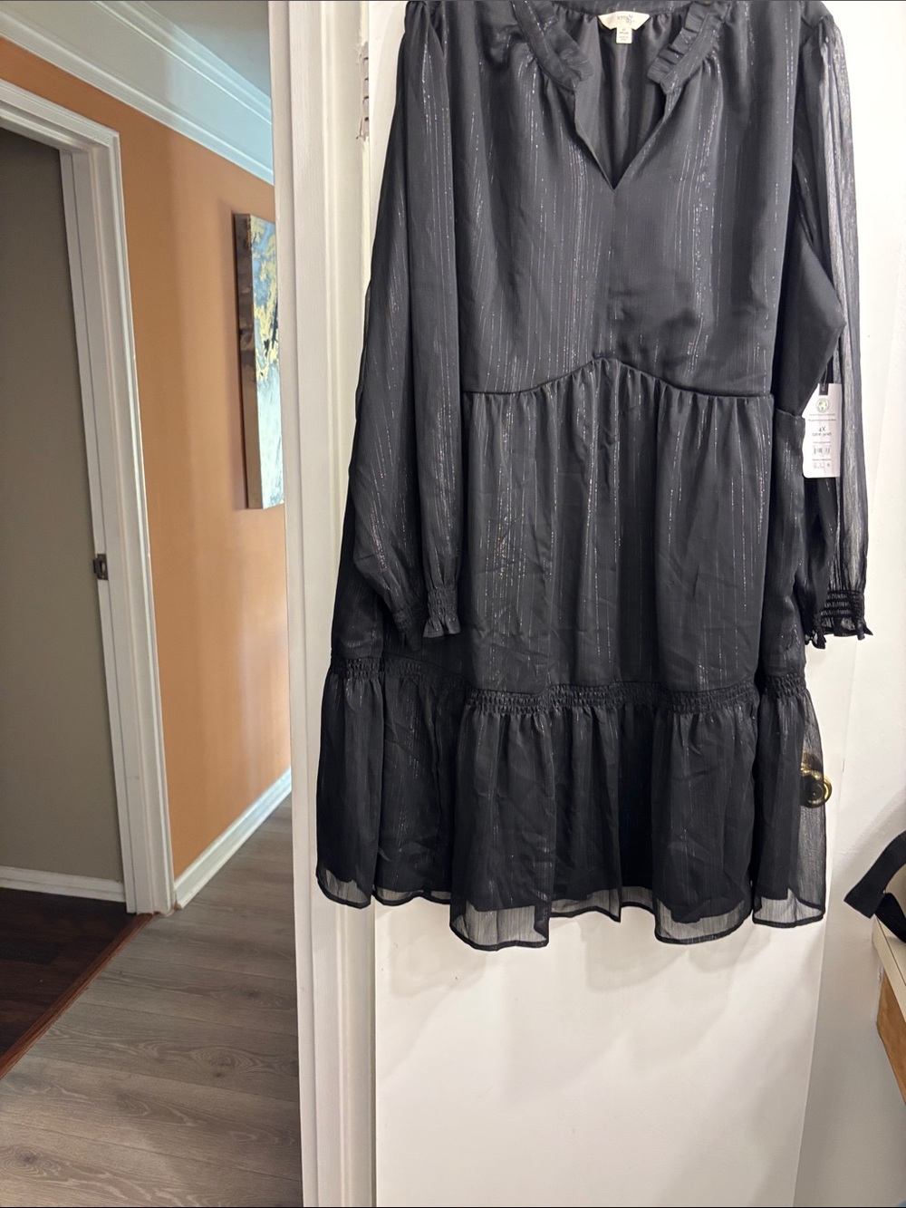 Terra & Sky Black Long-Sleeve Tiered Ruffle Dress with Subtle Shimmer